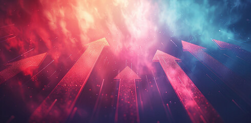 Obraz premium Multiple arrows pointing up on a deep blue background, with one prominent arrow representing business growth.