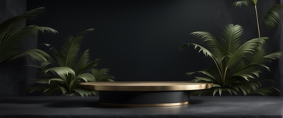 Obraz premium Podium exotic splay concrete Cosmetic 3D beauty dark Jungle Rock template trendy promotion Nature stone product pedestal mockup leaf palm background render Gray set podium dais