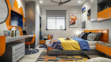 Modern Bedroom Interior Design with Orange and Gray Color Scheme