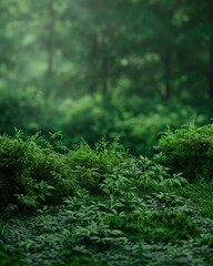 Green moss and background. Backdrop for displaying products. Dark forest background - generative ai