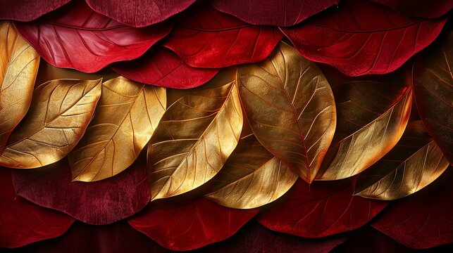 An abstract background of gold leaf patterns on a deep red velvet texture, combining the richness of precious metals with the opulence of luxurious fabric. Abstract Backgrounds Illustration,