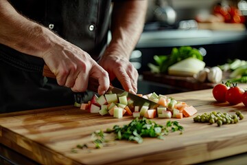 Obraz premium Chef Chopping Vegetables on Wooden Cutting Board