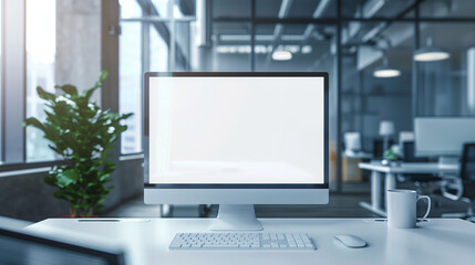 Modern office desk with blank screen computer monitor, Ai generated Images