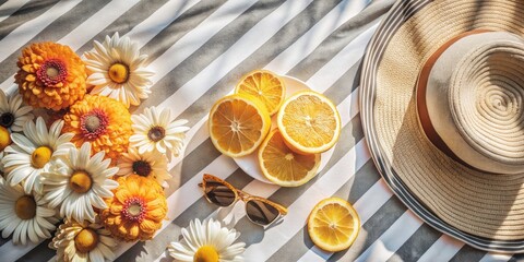 A table is covered with a variety of flowers and fruit, including oranges