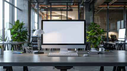 Modern office desk with blank screen computer monitor, Ai generated Images