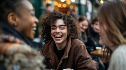 Obraz premium A group of friends laugh together while enjoying a day out at a bustling market.