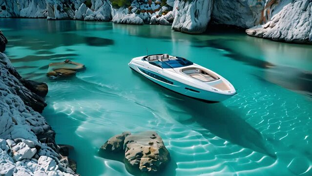 A pristine white speedboat is docked in a secluded cove with clear, turquoise water. The boat is surrounded by rocky cliffs, creating a picturesque scene.