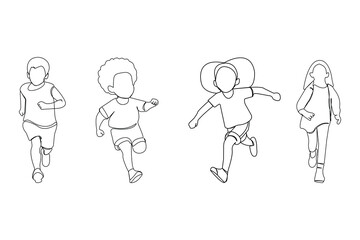 Children running continuous outline vector isolated on white background.