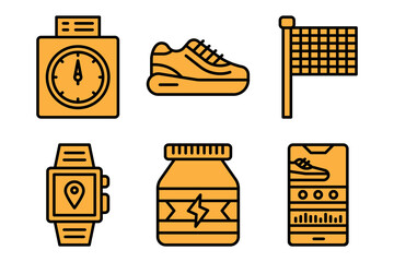 Set of running icons, such as shoes, drink, stopwatch, etc. Editable