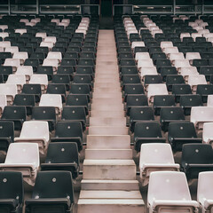 Obraz premium Seats of black tribune on sport stadium. empty outdoor arena. concept of fans. chairs for audience. cultural environment concept. color and symmetry. empty seats