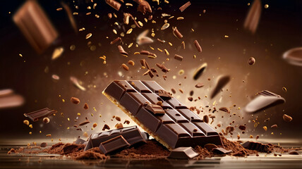 Chocolate bar wafer falling with choc flake in the air