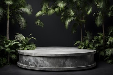 Podium exotic splay concrete Cosmetic 3D beauty dark Jungle Rock template trendy promotion Nature stone product pedestal mockup leaf palm background render Gray set podium dais