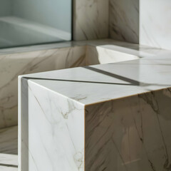 White bathroom marble countertop with copy space on blurred window background