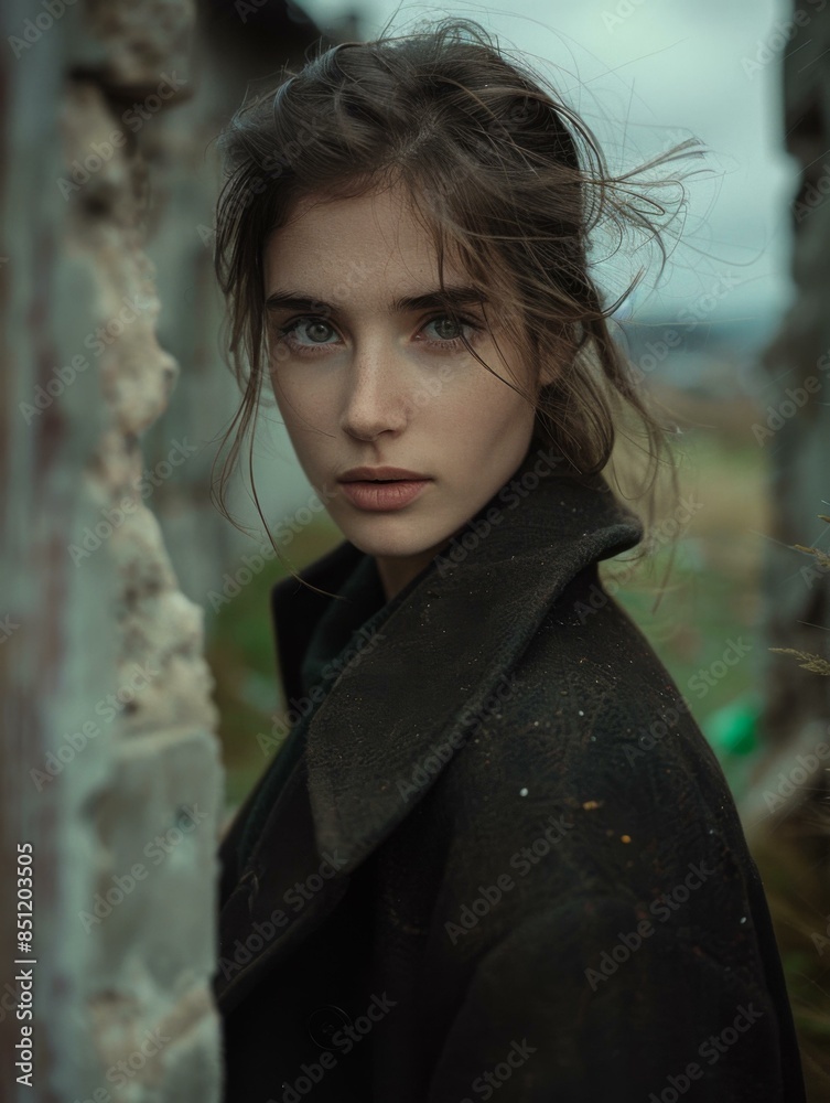 Canvas Prints Portrait of a young woman with dark hair and green eyes, wearing a black coat, standing in front of a stone wall. AI.