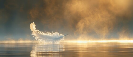 A white feather floating on a calm lake at sunrise. AI.