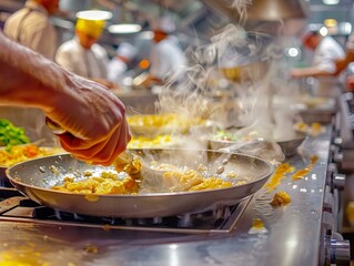 Obraz premium A chef is cooking in a busy restaurant kitchen. AI.