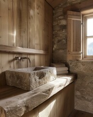 A beautiful bathroom with a stone sink and wooden walls. AI.