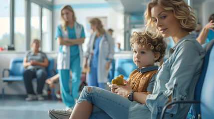 A mother and child waiting in a hospital waiting room, the child holding a toy, the mother looking at her watch, medical staff in the background