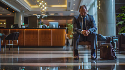 Naklejka premium A businessman sitting in a hotel lobby, checking his watch, a briefcase at his feet, the reception desk in the background
