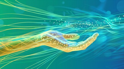 Stylized Su-Jok therapy points on a hand with elegant energy lines, set against a vibrant blue-green background.