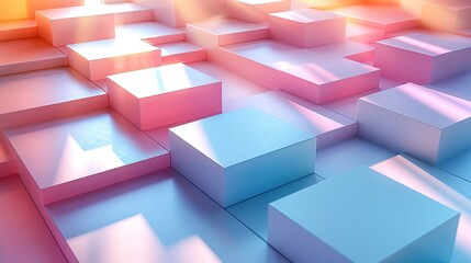 Fototapeta premium A serene geometric design with overlapping squares and rectangles in soft pastel hues, arranged in a grid pattern with subtle shadows that create a sense of depth and tranquility. Abstract