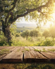 Tree Table wood Podium in farm display for food, perfume, and other products on nature background, Table in farm with grass, Sunlight at morning - generative ai