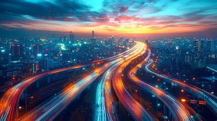 Obraz premium Aerial view of light trails from moving cars at night, weaving through the cityscape and creating a dynamic, abstract pattern. Abstract Backgrounds Illustration, Minimalism,