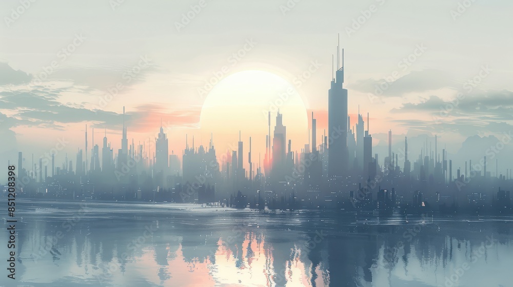 Wall mural Futuristic City Skyline at Sunset.