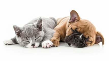 Fototapeta premium bulldog puppy and cat together isolated on white background