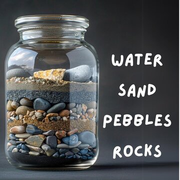 Glass jar filled with layers of water, sand, pebbles, and rocks, illustrating concepts of prioritization and capacity management.