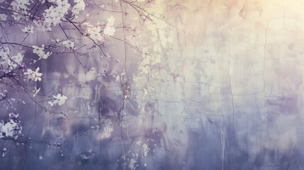 Rustic Textured Wall with Spring Blossoms Color Washing Technique. Aged effect. Palette of soft lilac with subtle variations in hue and tonality. High-resolution. Soft, layered finish.