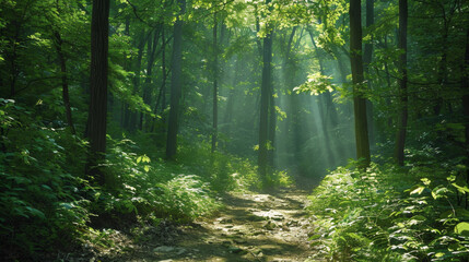 Fototapeta premium Sunlight illuminates lush woodland path, beckoning exploration of nature's beauty.