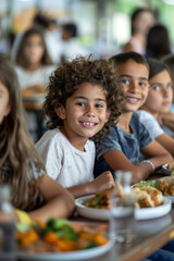 Kids enjoying lunch break with friends in school cafeteria
