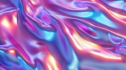 3D render of a colorful neon holographic liquid wavy background with abstract glowing waves and flowing metallic cloth in the style of a hologram effect. Shiny metal surface