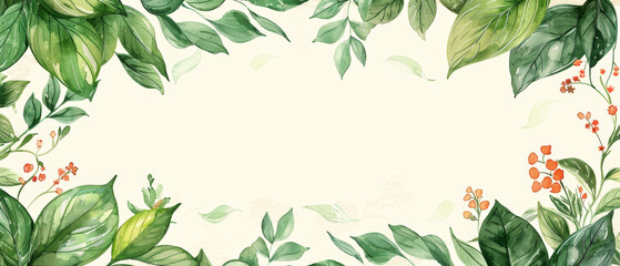 Fototapeta premium Elegant watercolor invitation card with leafy background and floral elements in a botanical herbal frame illustration.