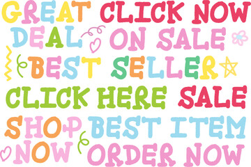 Sale icons of great deal, click now, on sale, best seller, click here, shop now, order now, best item for promotion, campaign badge, logo, icon, sticker, web button, card print, online shopping, ads