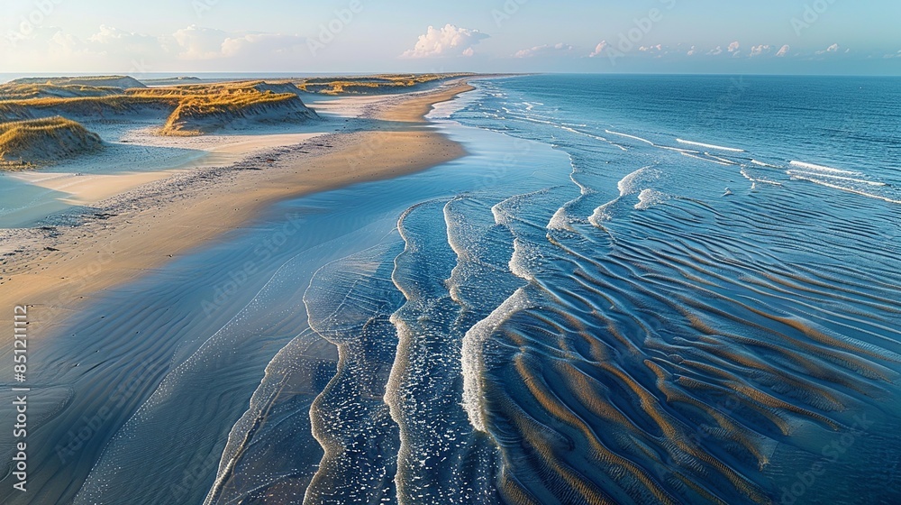 Wall mural abstract aerial view of a beach at low tide, where the patterns created by the water and the sand cr