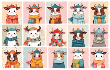 Cartoon cow wearing hats and necklaces,litele cow ,Duoge Comics. Multi grid emoticons, multiple animal avatars and expressions