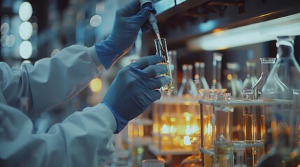 Close-up of scientists' hands making medicine in a modern lab with high-tech equipment and soft white lighting, showcasing research innovation atmosphere.