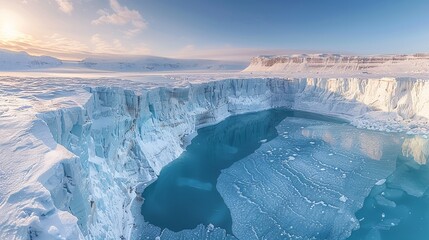 Naklejka premium Aerial photograph of a glacier, where the intricate patterns created by the ice and the varying shades of blue and white create a stunning and abstract natural landscape. Abstract Backgrounds