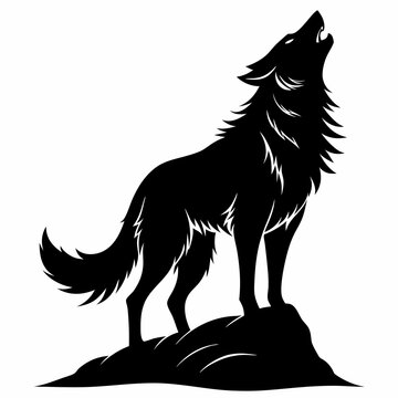 black wolf howling on rock silhouette clip art preview