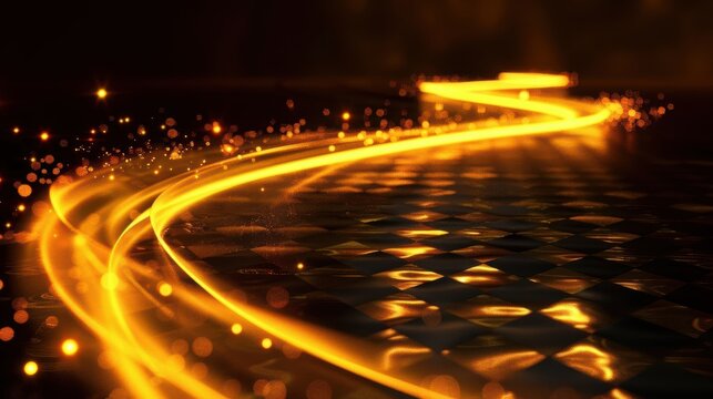 Sparkling golden trail with glowing tip, dark checkered background, dynamic motion, midshot
