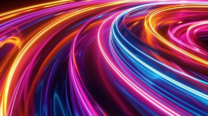 Glowing neon lines forming a spiral, vibrant colors, dynamic motion, black background, highangle shot
