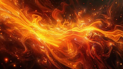 Energetic flow of fiery orange and yellow, intense and vibrant colors, dark background, midshot