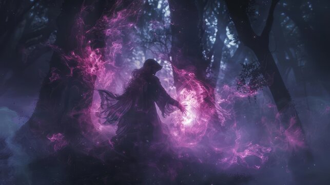 Digital art of a witch summoning a spirit animal In a dark forest with mystical fog Midshot focusing on the witch and the spirit animal Soft