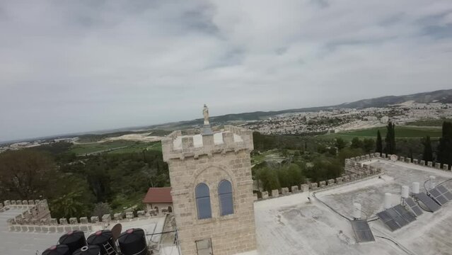Aerial FPV video over Beit Jamal Catholic Monastery, Israel The landmark is located near Beit Shemes