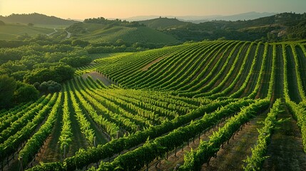 Fototapeta premium Detailed aerial shot of a vineyard, where the orderly rows of grapevines create a striking pattern that contrasts with the natural undulations of the surrounding landscape. Abstract Backgrounds