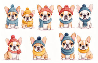 Cartoon French Bulldog wearing hats and necklaces
，Duoge Comics. Multi grid emoticons, multiple animal avatars and expressions
