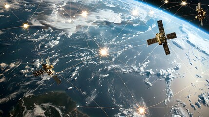 Naklejka premium Captivating Image of Satellites Orbiting Earth, Showcasing Advanced Global Communications Network and Satellite Technology in Space