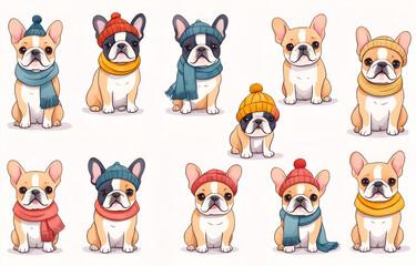 Cartoon French Bulldog wearing hats and necklaces
，Duoge Comics. Multi grid emoticons, multiple animal avatars and expressions